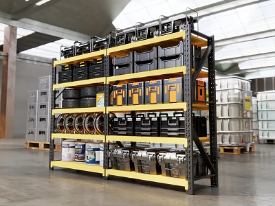 Industrial Warehouse Storage Space With Yellow Metal Shelving Toolboxes Tires And Containers 3d model