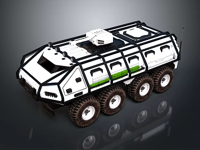 Modern Military Vehicle With Six Wheel Drive Roof Mounted Equipment And Green Stripes 3d model