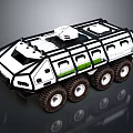 Modern Military Vehicle With Six Wheel Drive Roof Mounted Equipment And Green Stripes