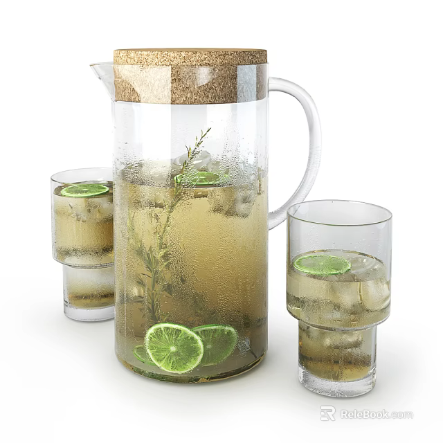 Transparent Glass Water Jug With Cork Lid And Glass Cups Ice Cubes Lemon Slices 3d model 