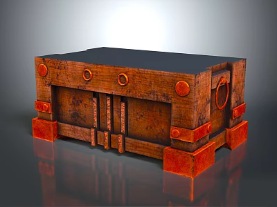 Vintage Wooden Storage Chest With Brown Surface Metal Ring Handles Round Accents And Red Base 3d model