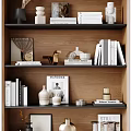 Modern Decorative Ornaments Set on Wooden Bookshelf with Books Vase Sculpture Photo Frame And Magazines