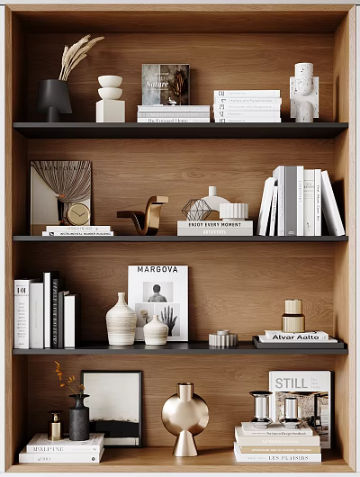 Modern Decorative Ornaments Set on Wooden Bookshelf with Books Vase Sculpture Photo Frame And Magazines 3d model