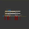 3D Architectural Building Model With Multi Level Framework Red Pillars And Yellow Beams