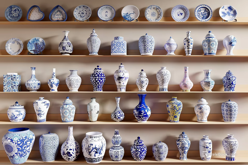 Various Decorative Ceramic Vessels With Diverse Patterns And Shapes On Display Shelves 3d model 