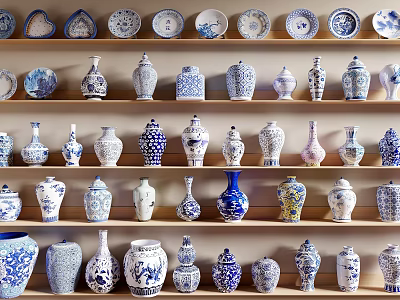 Various Decorative Ceramic Vessels With Diverse Patterns And Shapes On Display Shelves 3d model