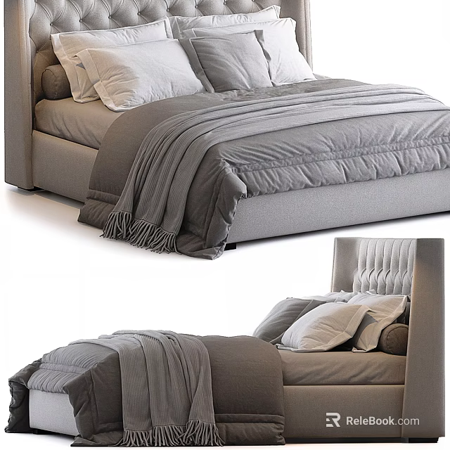 Modern Double Bed With Tufted Headboard Gray Comforter Fringed Blanket And Pillows 3d model 