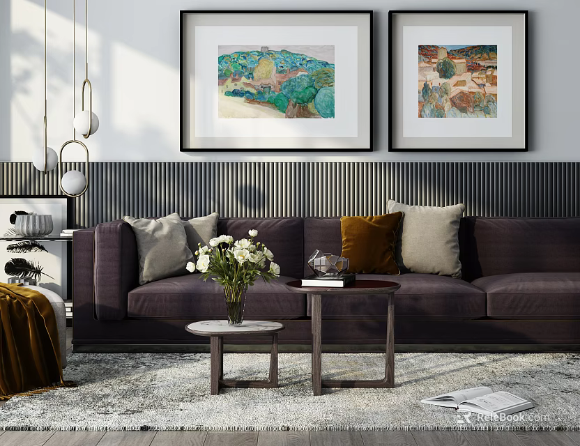 Modern Dark Sofa and Coffee Table Set with Throw Pillows Vase Flowers and Wall Art 3d model 