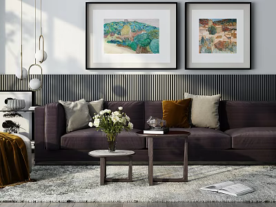 Modern Dark Sofa and Coffee Table Set with Throw Pillows Vase Flowers and Wall Art 3d model