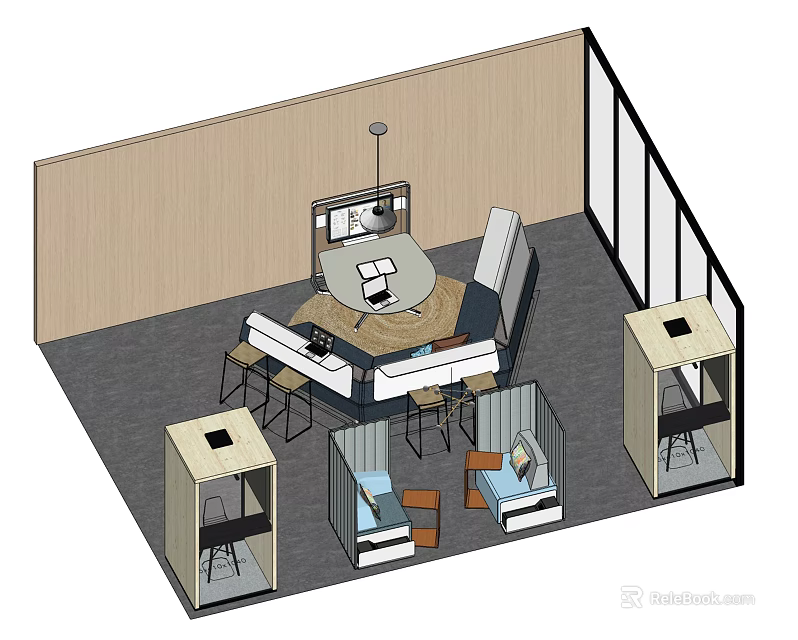 Modern Lounge Area Interior Design With Comfortable Seating And Tables 3d model