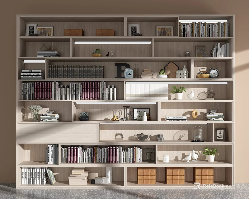 Modern Multi tiered Bookshelf With Books Decorations Plants Photo Frames And Storage Boxes 3d model 