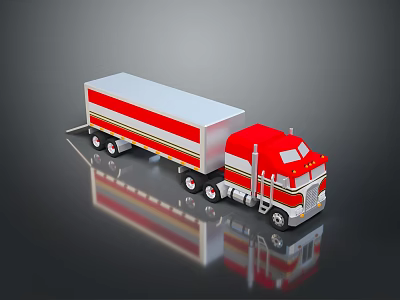 Red and White Semi Truck with Tractor Cab Trailer Yellow Stripes 3D Render with Reflection 3d model