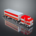 Red and White Semi Truck with Tractor Cab Trailer Yellow Stripes 3D Render with Reflection
