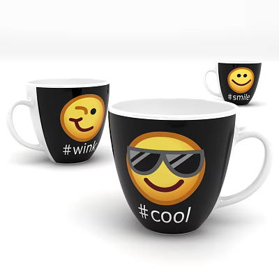 Set of Black Mugs Featuring Smiley Face Emoji and Cool Wink Smile Hashtags 3d model