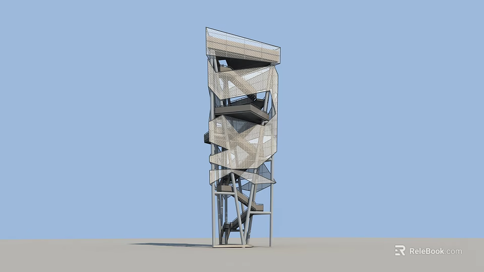 Unique Modern Geometric Tower With Layered Structural Design And Glass Panels 3d model 