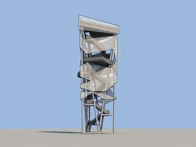 Unique Modern Geometric Tower With Layered Structural Design And Glass Panels 3d model