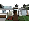 Modern Detached Villa With Palm Trees Swimming Pool Large Glass Windows And Waterfront Terrace