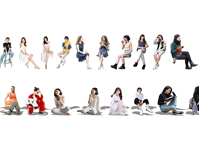 Group of People in Various Poses and Different Outfits on White Background 3d model