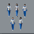 Students in Blue and White School Uniforms Standing in Various Poses on Gray Background