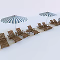 Outdoor Wooden Loungers With Blue And White Striped Umbrellas In Beach Setting