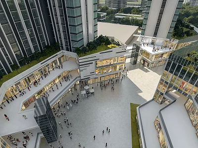 Modern Commercial Street With Tall Buildings Open Square Glass Facades Shops and Busy Crowds 3d model