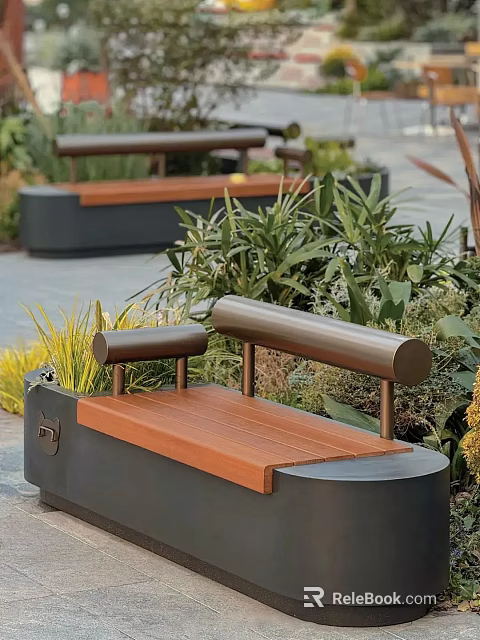 Contemporary Landscape Seats With Wooden Seat Metal Armrests In Garden Greenery 3d model 