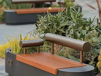 Contemporary Landscape Seats With Wooden Seat Metal Armrests In Garden Greenery 3d model