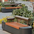 Contemporary Landscape Seats With Wooden Seat Metal Armrests In Garden Greenery