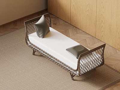 Wire Mesh Design Bench With Metal Frame White Cushion Gray Pillows On Wooden Floor 3d model