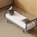Wire Mesh Design Bench With Metal Frame White Cushion Gray Pillows On Wooden Floor