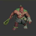 Tribal Warrior Character With Muscular Build Tattooed Body Green Weapon Feathered Headdress And Beaded Accessories