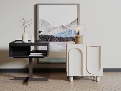 Modern Black and White Bedside Tables With Decorative Items and Landscape Painting 3d model