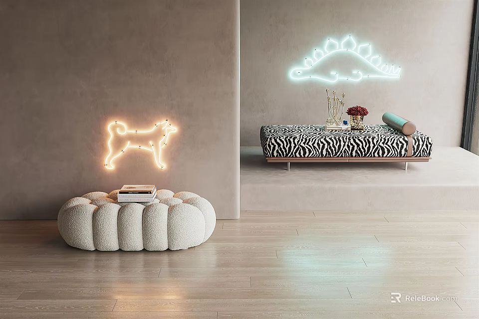 White Pleated Round Ottoman and Zebra Print Bench with Vase Cushion in Modern Living Room 3d model 
