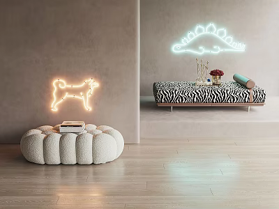 White Pleated Round Ottoman and Zebra Print Bench with Vase Cushion in Modern Living Room 3d model