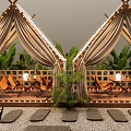 Outdoor Cafe With Tent Structure Wooden Deck Tables Chairs And Green Plants