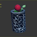 Small Green Plant With Red Top In Black Pot Featuring White Circular Patterns