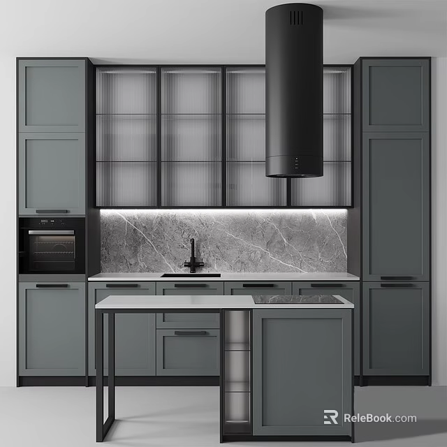 Modern Kitchen With Gray Cabinets Marble Backsplash Oven And Island 3d model 