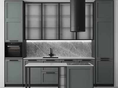 Modern Kitchen With Gray Cabinets Marble Backsplash Oven And Island 3d model