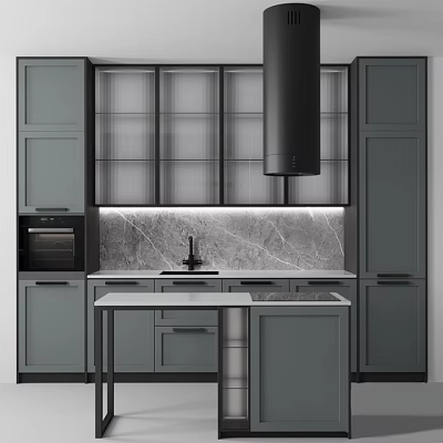 Modern Kitchen With Gray Cabinets Marble Backsplash Oven And Island 3d model