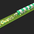 Outdoor Stage With Green White Striped Awning Orange White Flowers Wooden Crates And Grassland Background