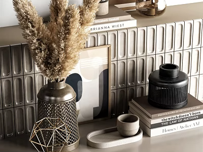 Modern Decorative Ornament Collection With Metal Vase Pampas Grass Geometric Decor And Gray Wall 3d model