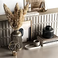 Modern Decorative Ornament Collection With Metal Vase Pampas Grass Geometric Decor And Gray Wall