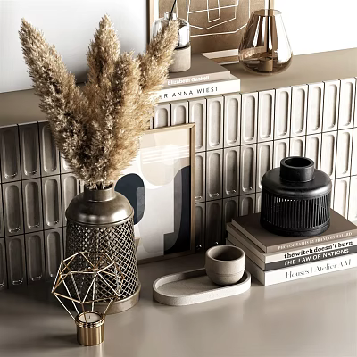 Modern Decorative Ornament Collection With Metal Vase Pampas Grass Geometric Decor And Gray Wall 3d model