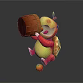 Cute Game Movie Character With Leaf On Head Holding Wooden Barrel And Small Orange Ball