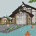 Traditional B&B Building With Front Pool Fountains Green Plants And Large Glass Windows