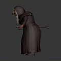 Hooded Old Woman In Dark Robe Holding Stick With Arms Outstretched