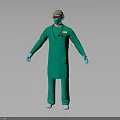 Doctor Standing In Green Surgical Gown Cap With Blue Gloves And Stethoscope On Gray Background