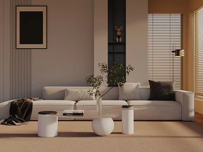 Modern Living Room Three-Seater Sofa with Cushions Coffee Table Plant Wall Art and Blinds 3d model