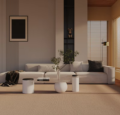 Modern Living Room Three-Seater Sofa with Cushions Coffee Table Plant Wall Art and Blinds 3d model