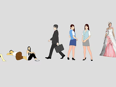 Group of People in Different Poses and Various Outfits Including Suit and Wedding Dress 3d model